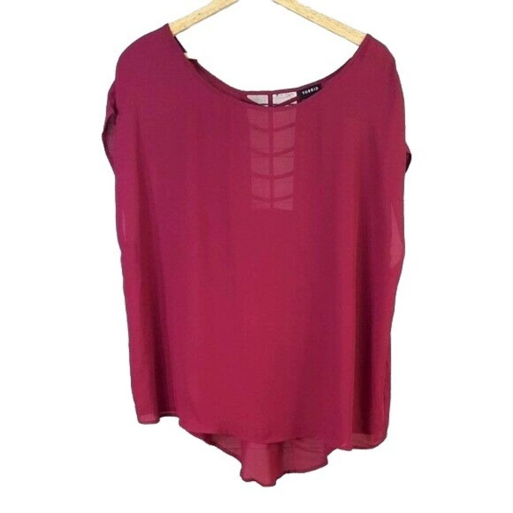 Torrid Pullover Top Red Plus 1X Cap Sleeve Cage Back High Lo Hem Semi Sheer